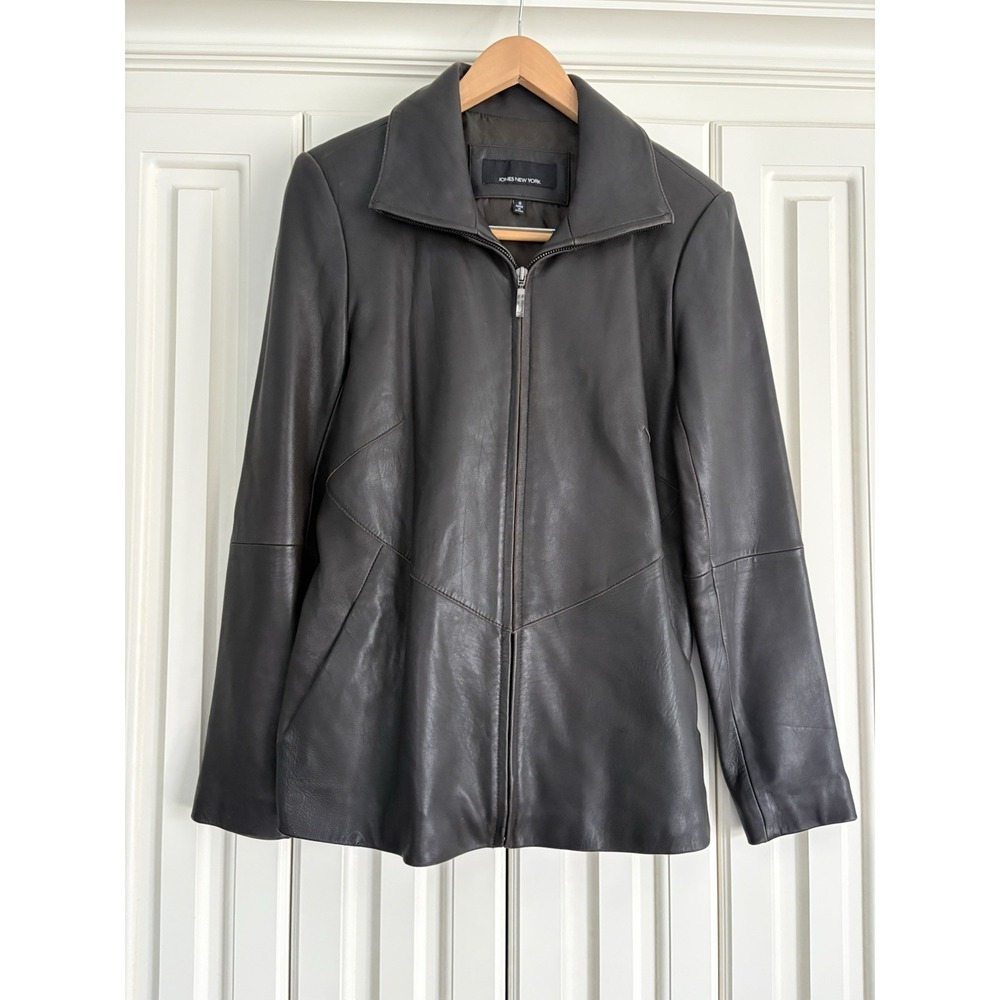 Jones‎ New York Leather Zip Jacket Brown Black Women Small Long Sleeve